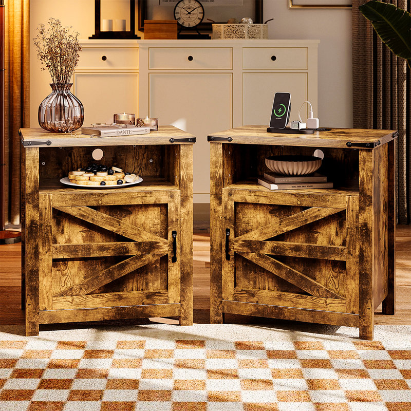Gracie Oaks Farmhouse End Table 21 Rustic Nightstand With Barn Door Sofa Side Table With Open And Closed Storage 2 piece Set For Living Room Bedroom Wayfair